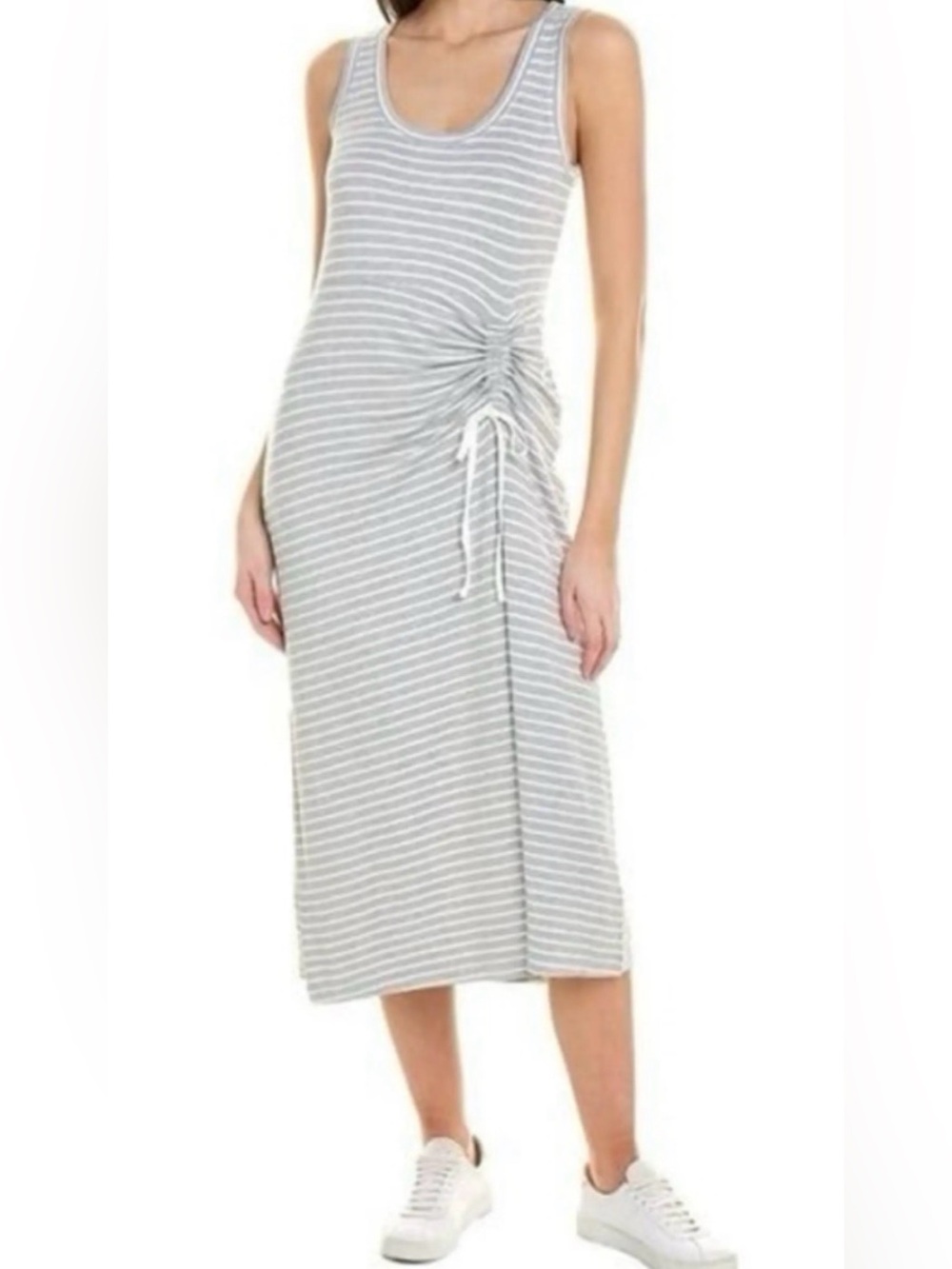 Cabi, XS, Stripe Easy Dress is a gray-and-white striped sleeveless midi dress